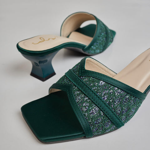 SATIN MESH CRISSCROSS HEEL-EMERALD