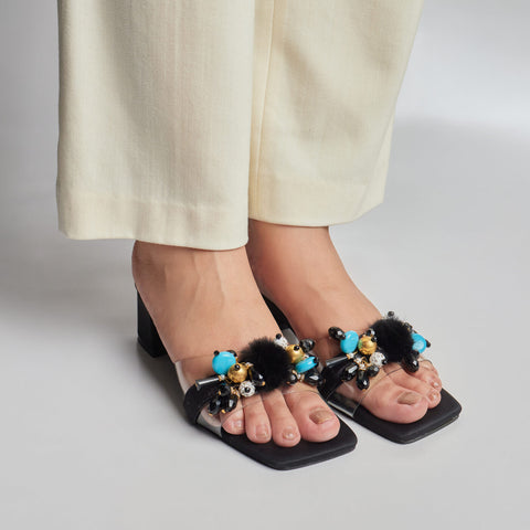 Fur Balls Block Heel - Black