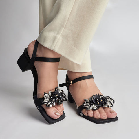 Crystal Embellished Block Heel Sandal - Black