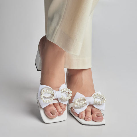 Pearl Bow Decor Block Heel - White