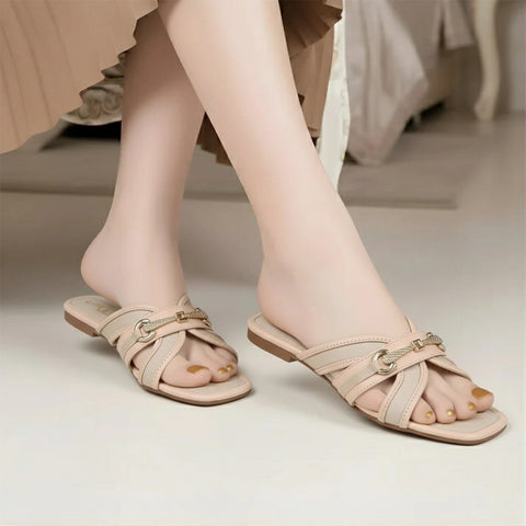 Metal Buckle Cut Out Slides - Nude Pink