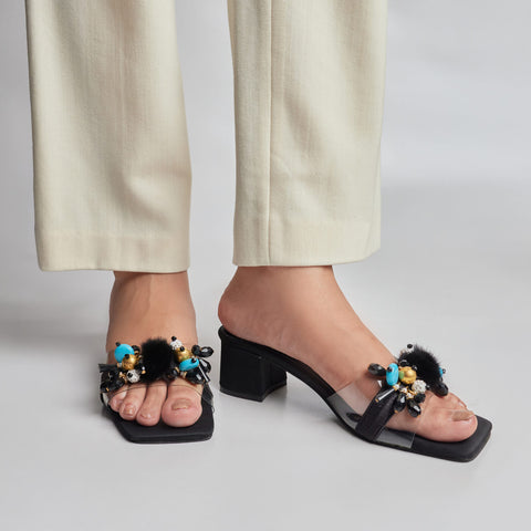 Fur Balls Block Heel - Black