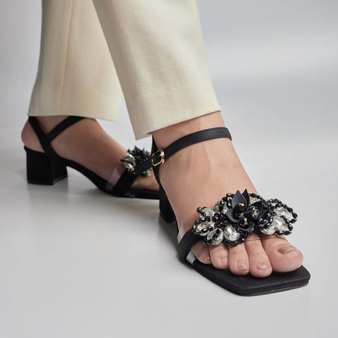 Crystal Embellished Block Heel Sandal - Black