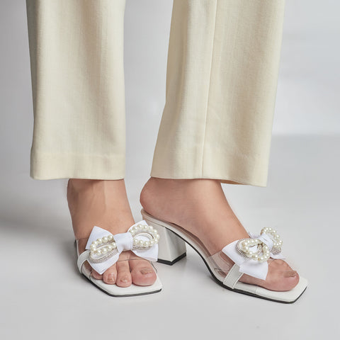 Pearl Bow Decor Block Heel - White