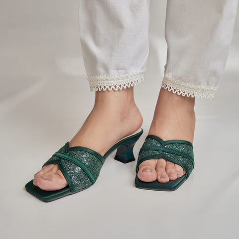 SATIN MESH CRISSCROSS HEEL-EMERALD