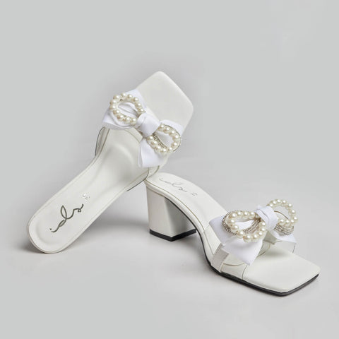 Pearl Bow Decor Block Heel - White