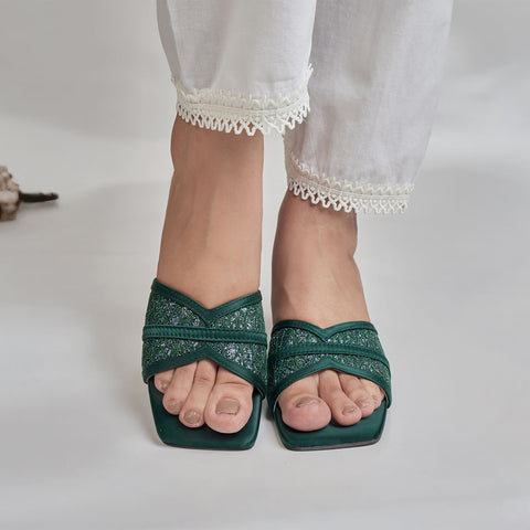 SATIN MESH CRISSCROSS HEEL-EMERALD