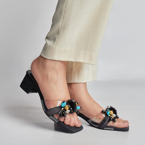 Fur Balls Block Heel - Black