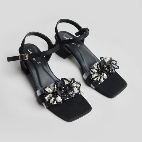 Crystal Embellished Block Heel Sandal - Black