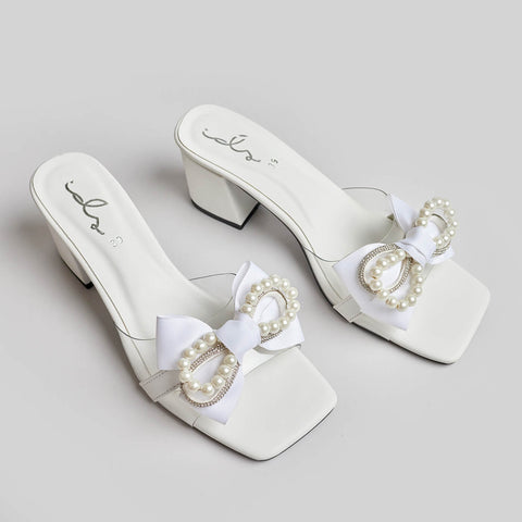 Pearl Bow Decor Block Heel - White