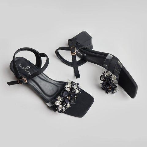 Crystal Embellished Block Heel Sandal - Black
