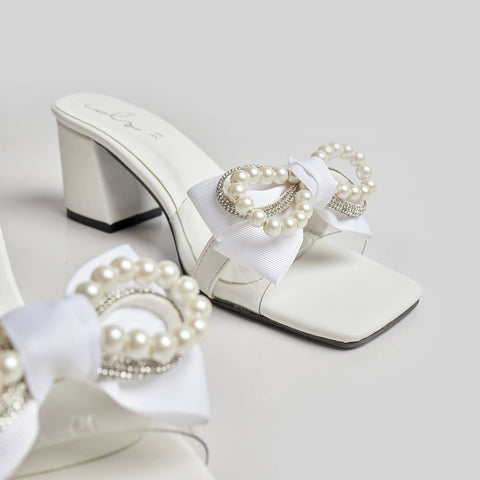 Pearl Bow Decor Block Heel - White