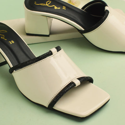 Rhinestone Block Heel - White