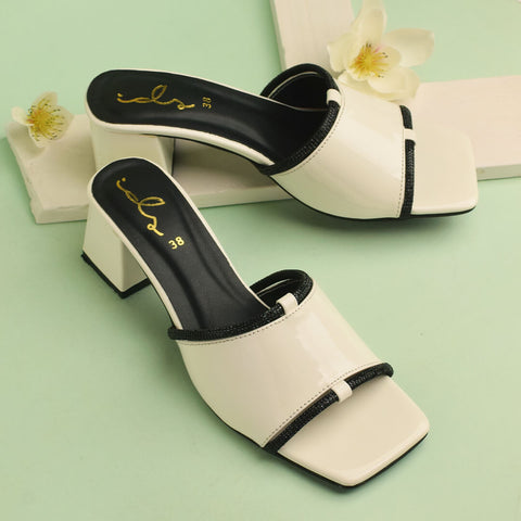 Rhinestone Block Heel - White