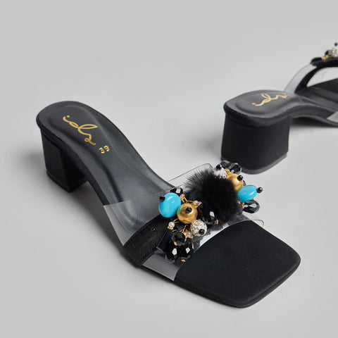 Fur Balls Block Heel - Black