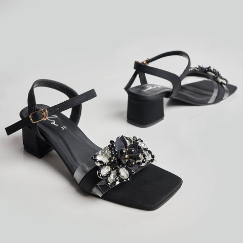 Crystal Embellished Block Heel Sandal - Black