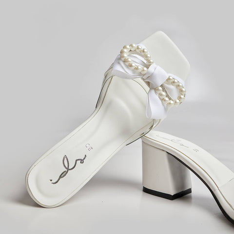 Pearl Bow Decor Block Heel - White