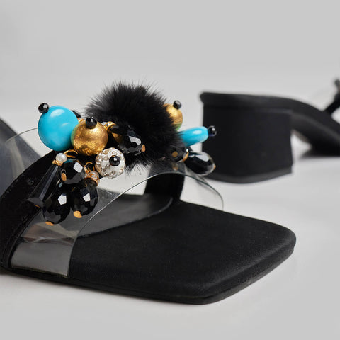 Fur Balls Block Heel - Black