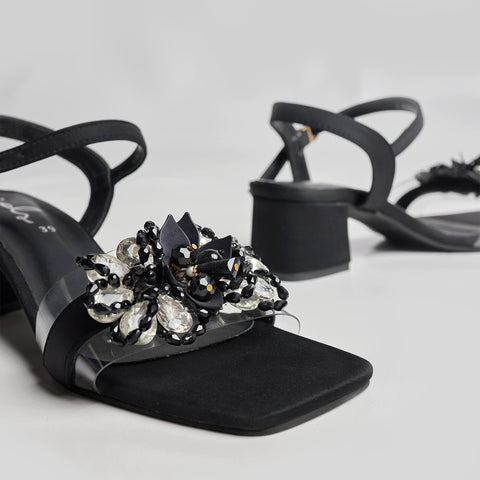 Crystal Embellished Block Heel Sandal - Black