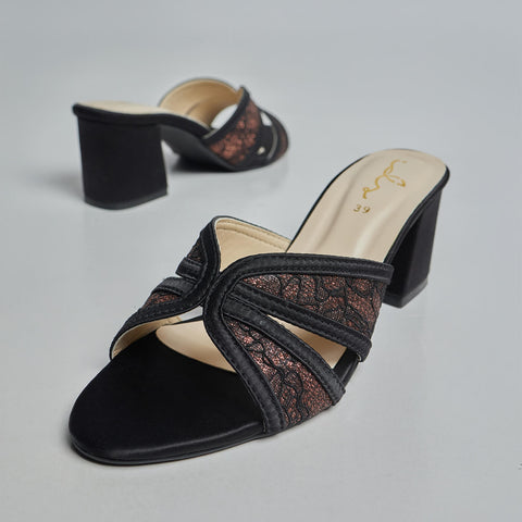 Floral  Net Block Heel - Copper