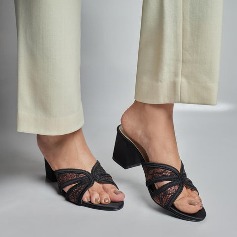 Floral  Net Block Heel - Copper