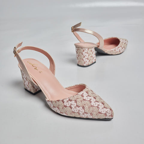 Floral Glittery Heel - Nude Pink