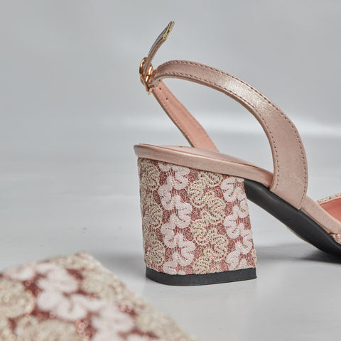 Floral Glittery Heel - Nude Pink