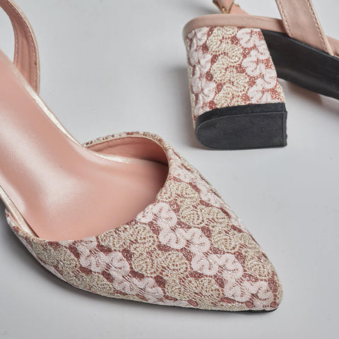 Floral Glittery Heel - Nude Pink