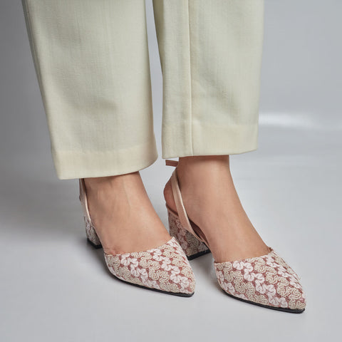 Floral Glittery Heel - Nude Pink