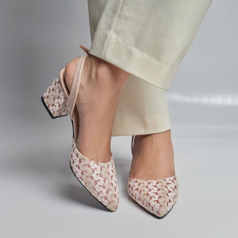 Floral Glittery Heel - Nude Pink