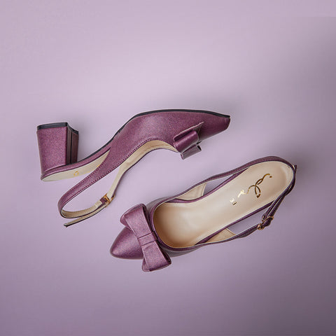 Classic Bow  Block Heel Sling Back - Purple