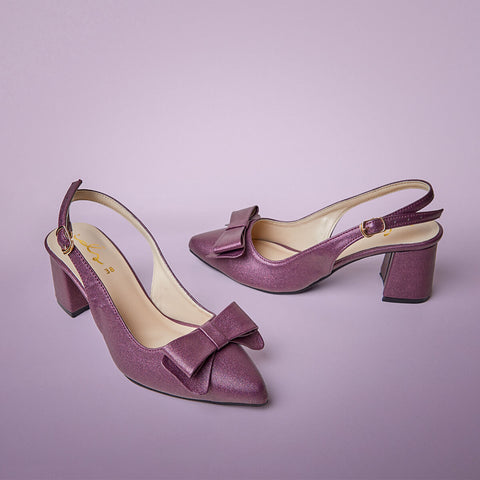 Classic Bow  Block Heel Sling Back - Purple