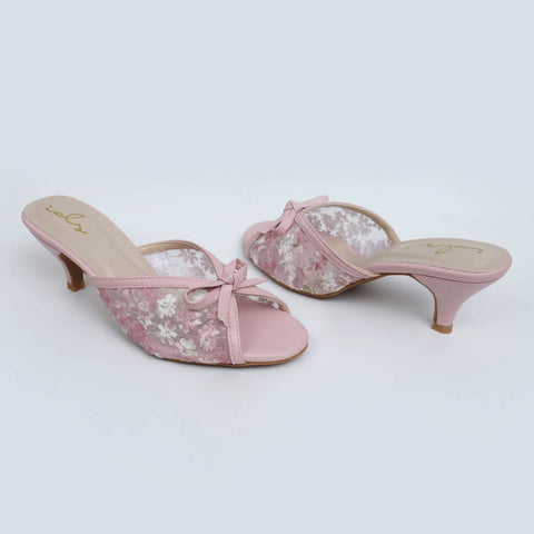 Flower Net Mesh Heels - Nude Pink