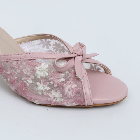 Flower Net Mesh Heels - Nude Pink