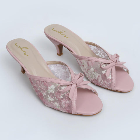 Flower Net Mesh Heels - Nude Pink