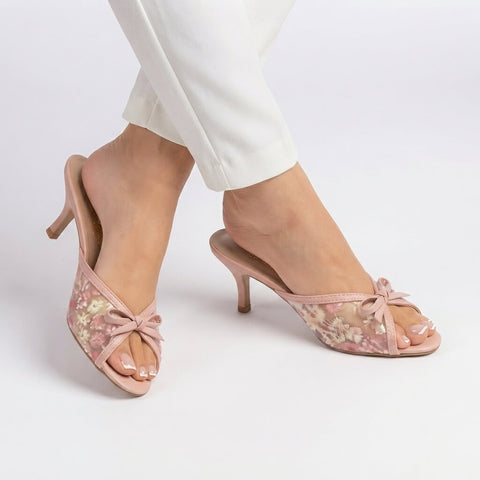 Flower Net Mesh Heels - Nude Pink