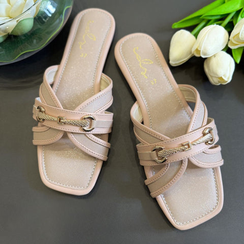 Metal Buckle Cut Out Slides - Nude Pink