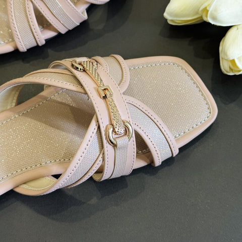 Metal Buckle Cut Out Slides - Nude Pink