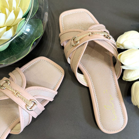 Metal Buckle Cut Out Slides - Nude Pink
