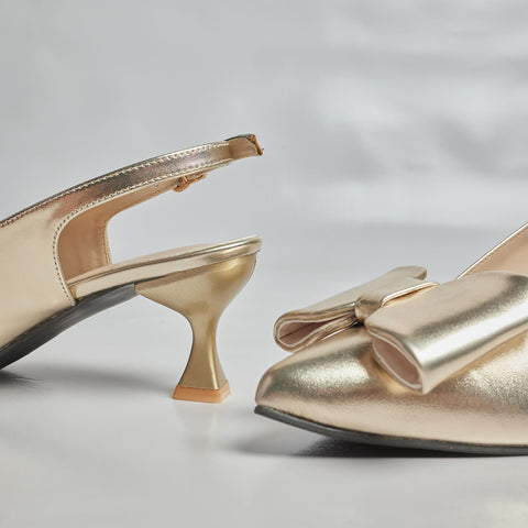 Luxe Bow -Sleek Heel Sling Back - Gold