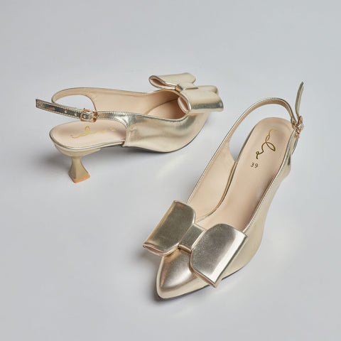 Luxe Bow -Sleek Heel Sling Back - Gold