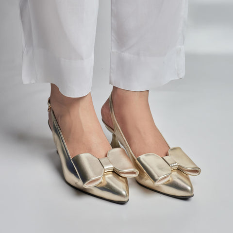 Luxe Bow -Sleek Heel Sling Back - Gold