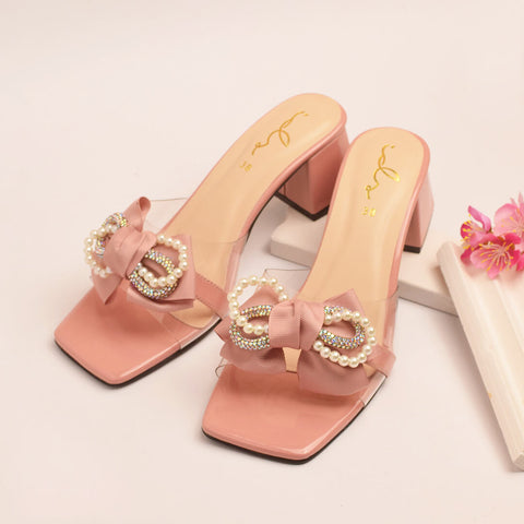 Pearl Bow Decor Block Heel Slippers