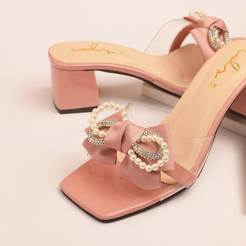 Pearl Bow Decor Block Heel Slippers