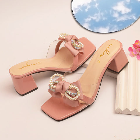 Pearl Bow Decor Block Heel Slippers