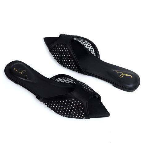 Rhinestone Net Mule - Black