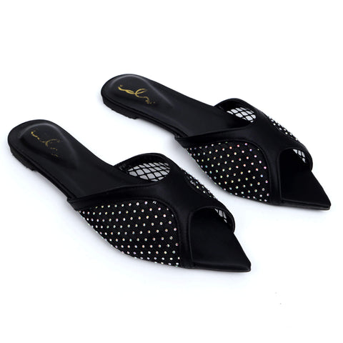 Rhinestone Net Mule - Black
