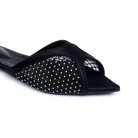 Rhinestone Net Mule - Black