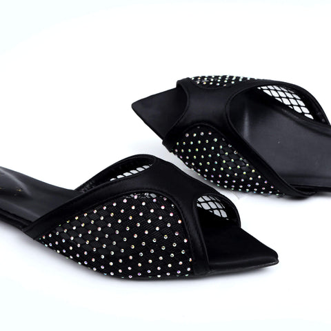 Rhinestone Net Mule - Black