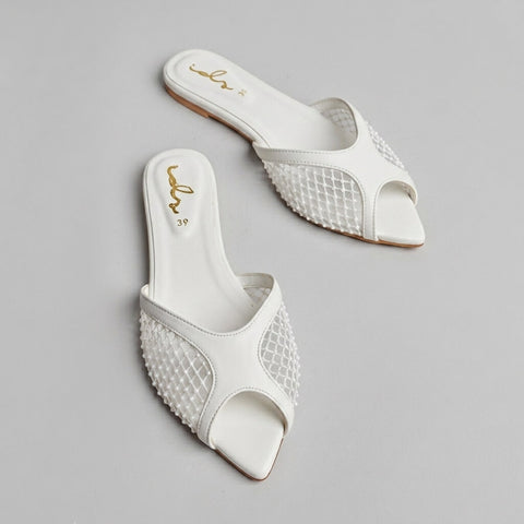 Rhinestone Net Mule - White